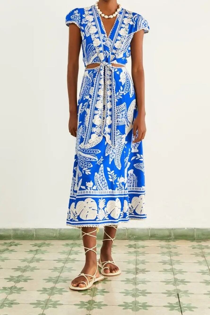 368-FARM Rio Lace Banana Midi Dress Blue Tropical Cutout EUC Size XS